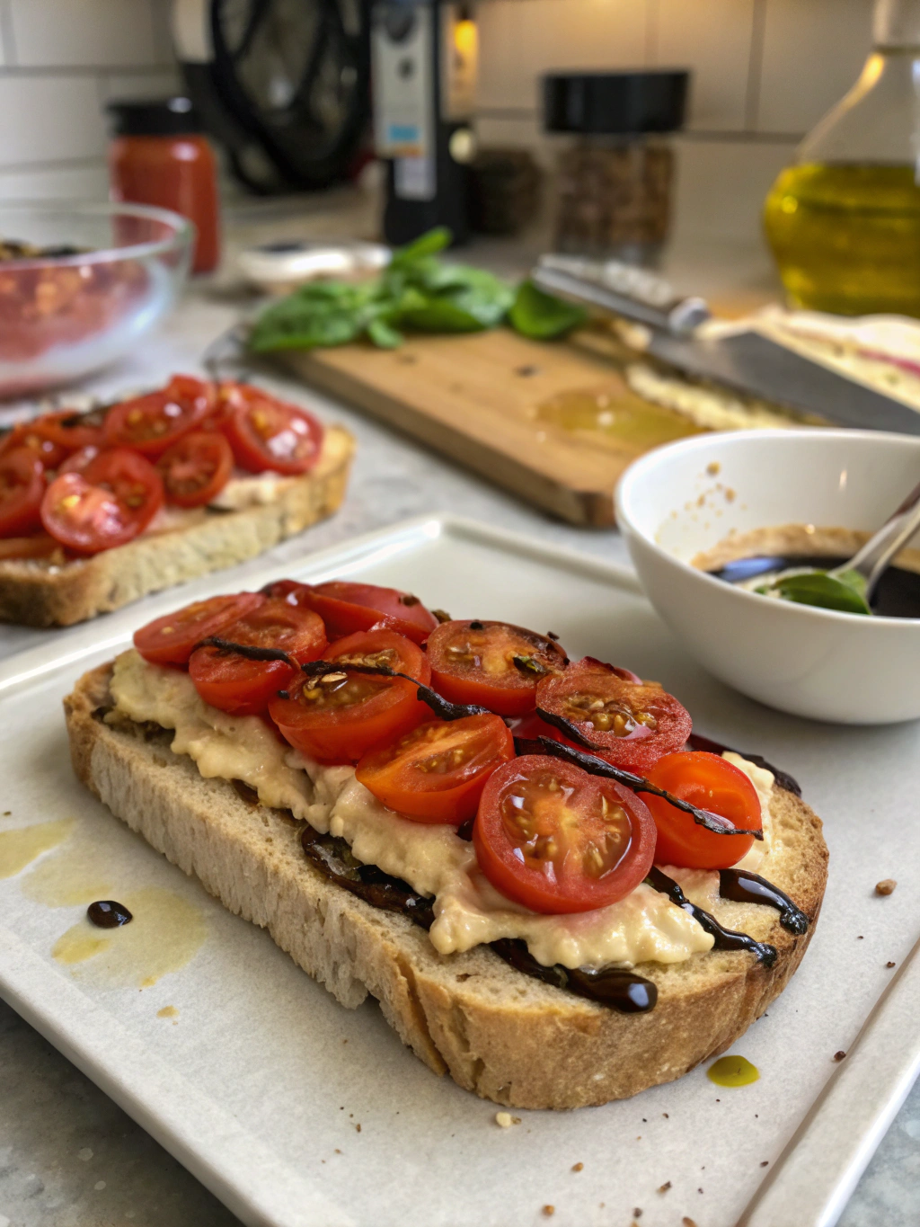 Preparation steps for Balsamic roasted tomatoes & hummus toast
