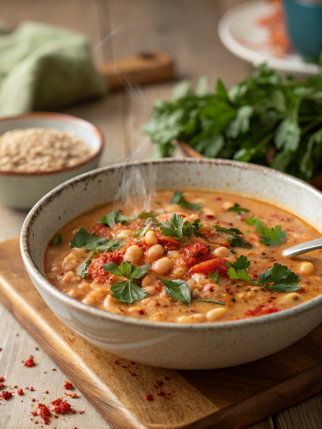 Serving Creamy Vegan Tomato White Bean Stew