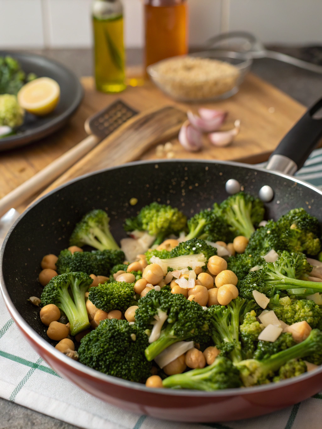Preparing Garlic Broccoli Stir Fry with Chickpeas