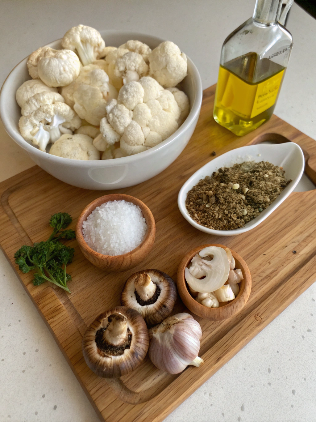Ingredients for Garlic Mushrooms Cauliflower Skillet