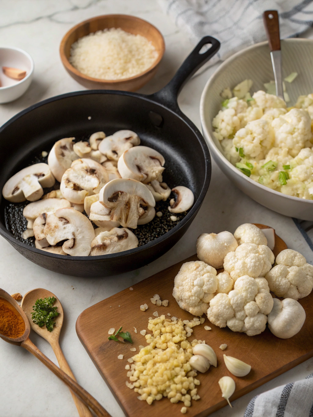 Preparation of Garlic Mushrooms Cauliflower Skillet