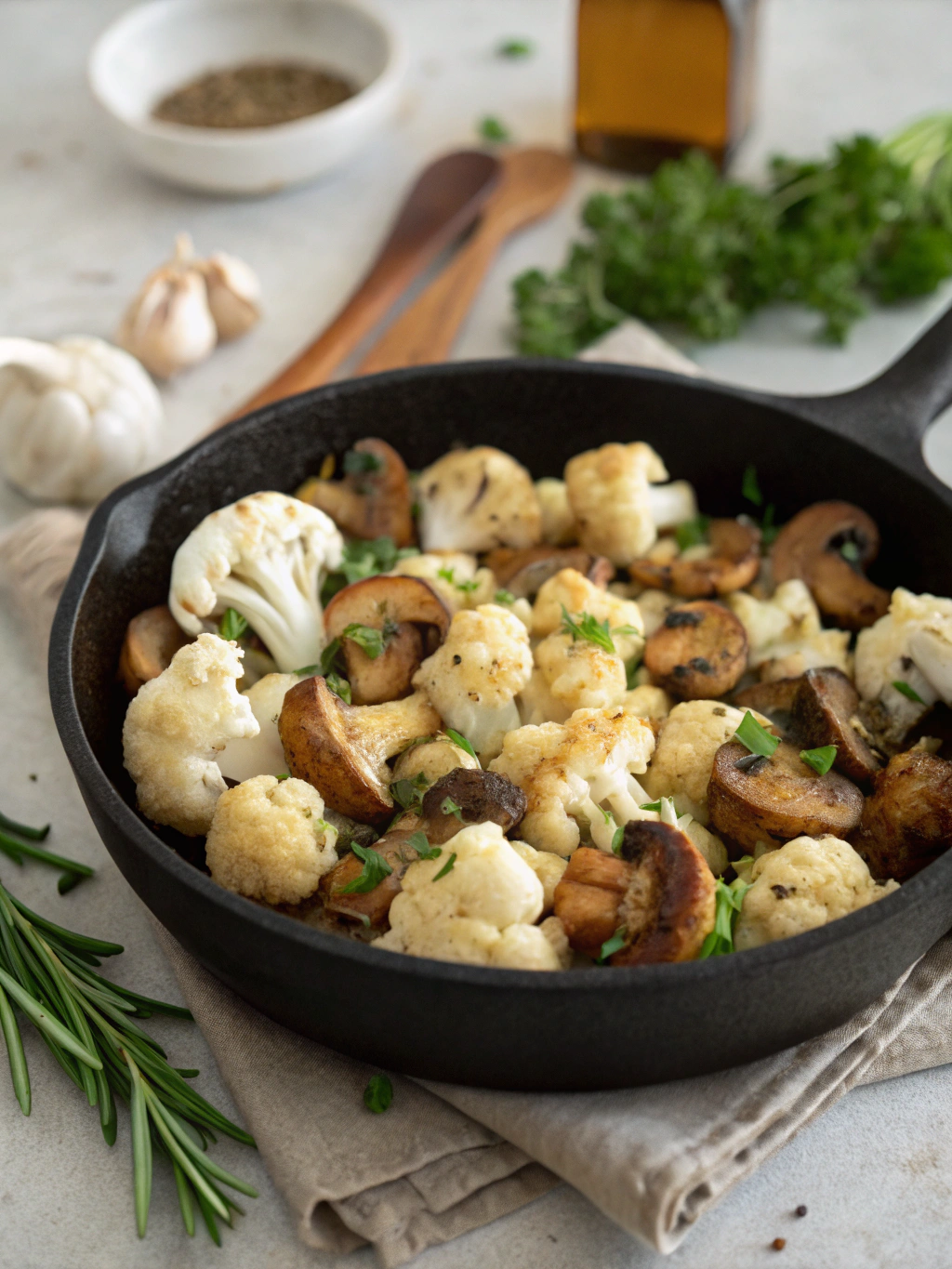 Serving Garlic Mushrooms Cauliflower Skillet