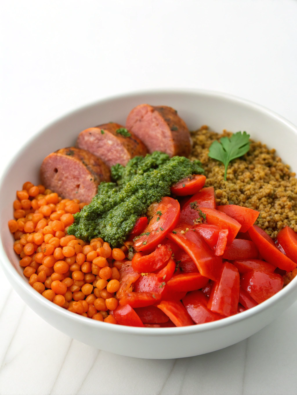Ingredients for Red Pepper Lentils, Sausages & a Salsa Verde Crumb