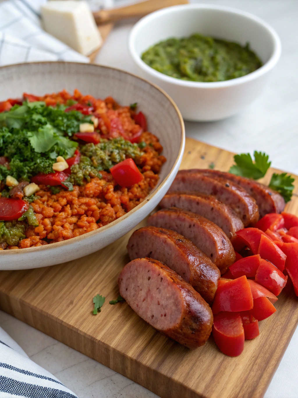 Preparation steps for Red Pepper Lentils, Sausages & a Salsa Verde Crumb