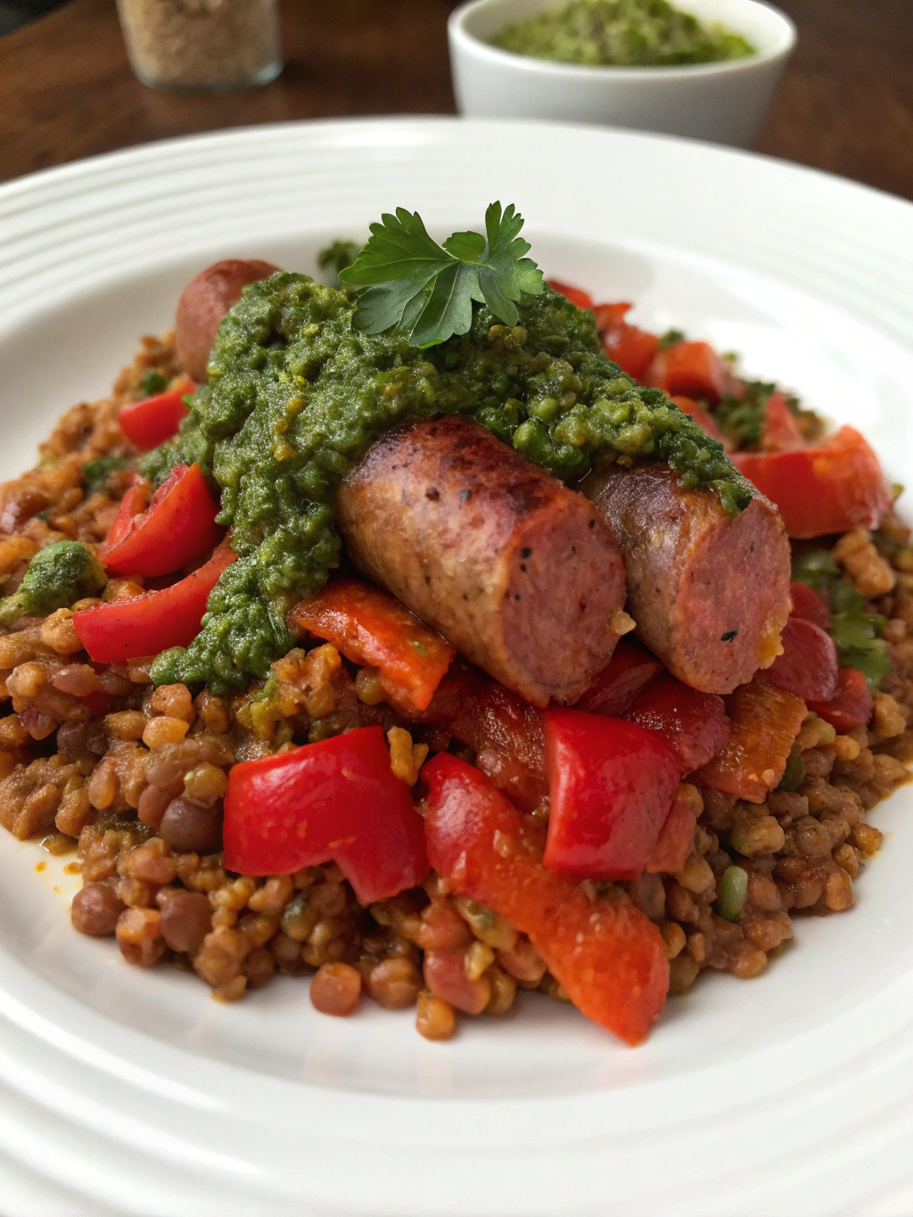 Served Red Pepper Lentils, Sausages & a Salsa Verde Crumb