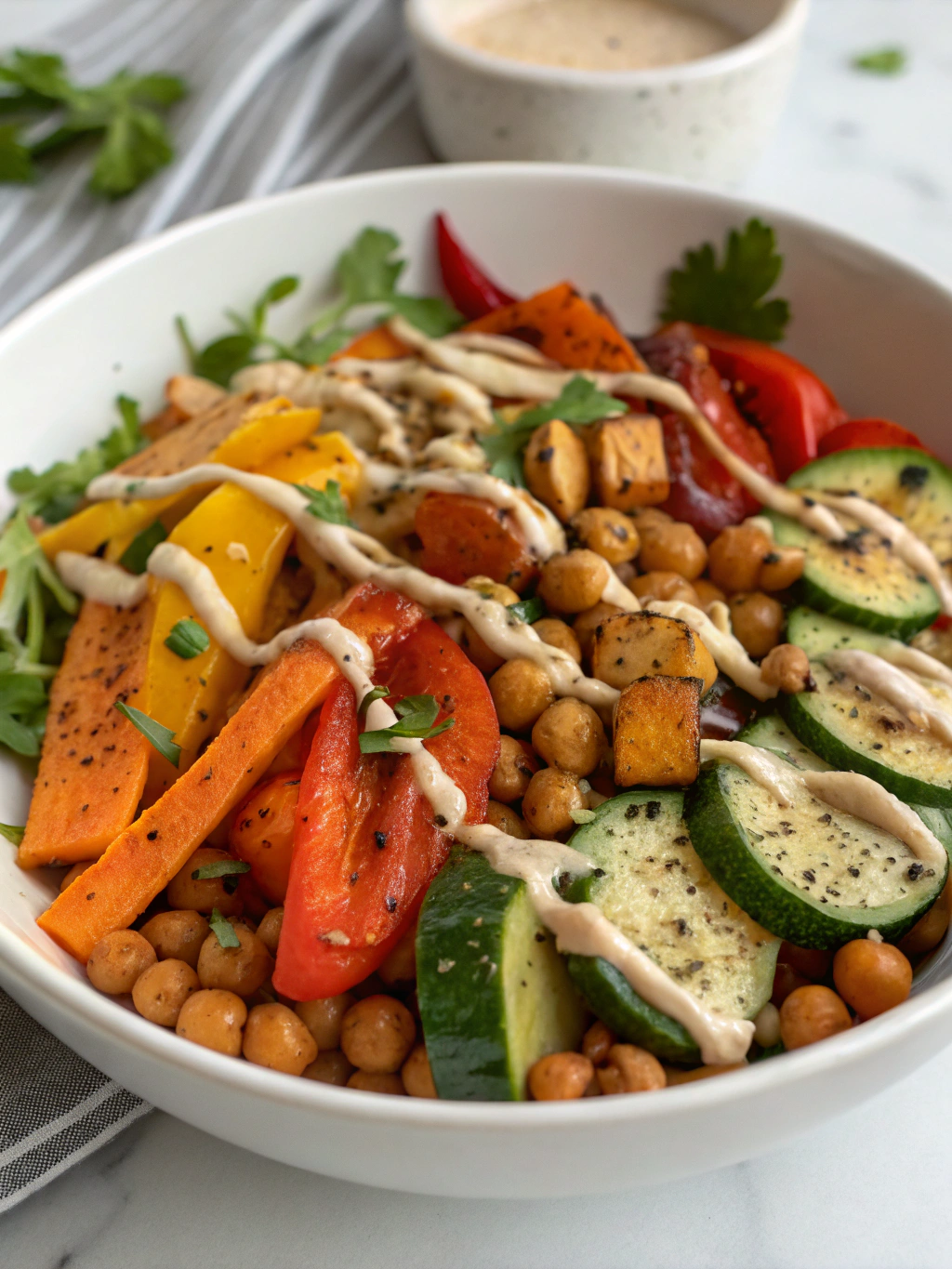 Serving suggestions for the Roasted Vegetable & Chickpea Bowl with Tahini Dressing