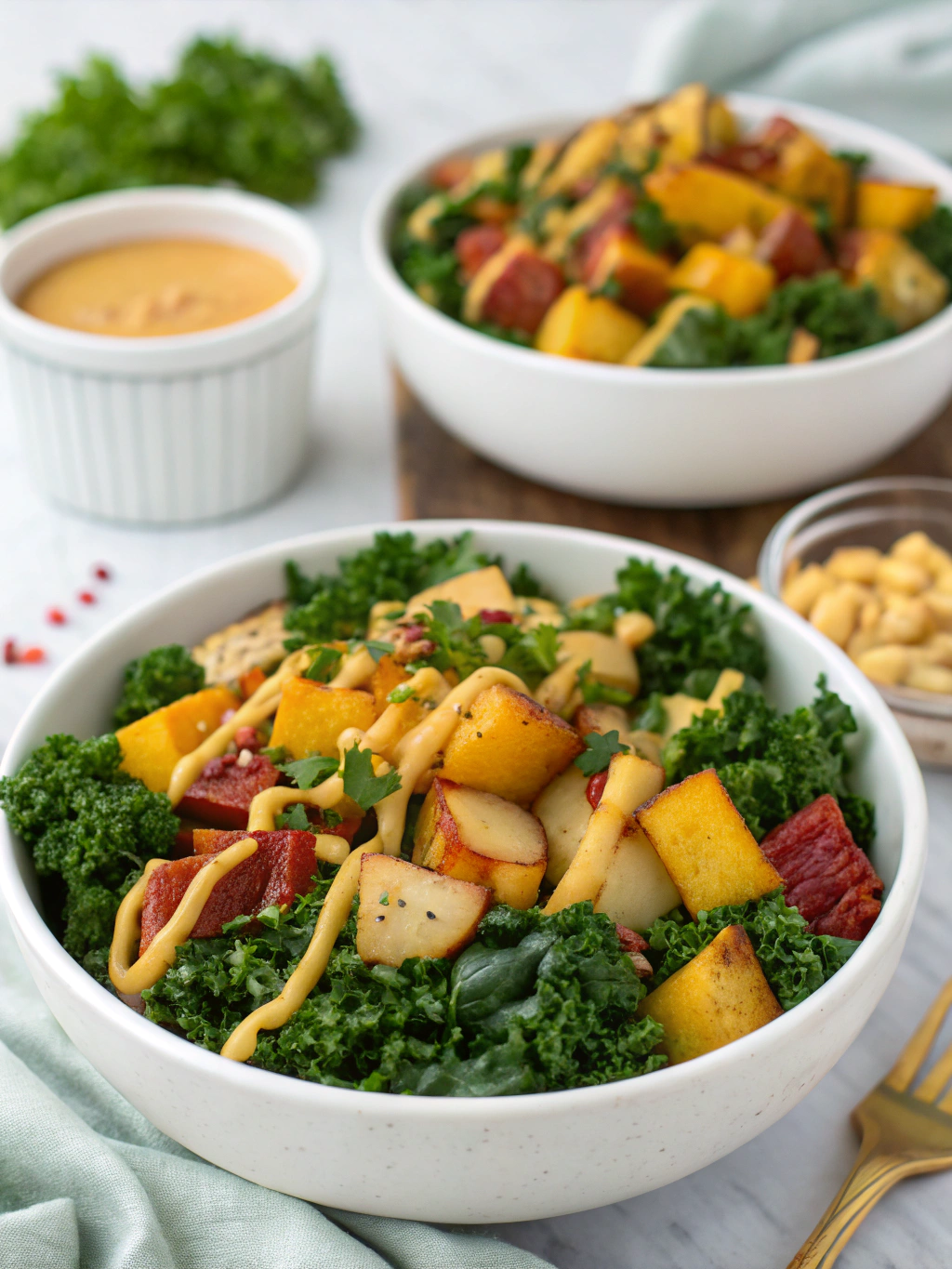 Ingredients laid out for Spicy Potato Kale Bowls with Mustard Tahini Dressing