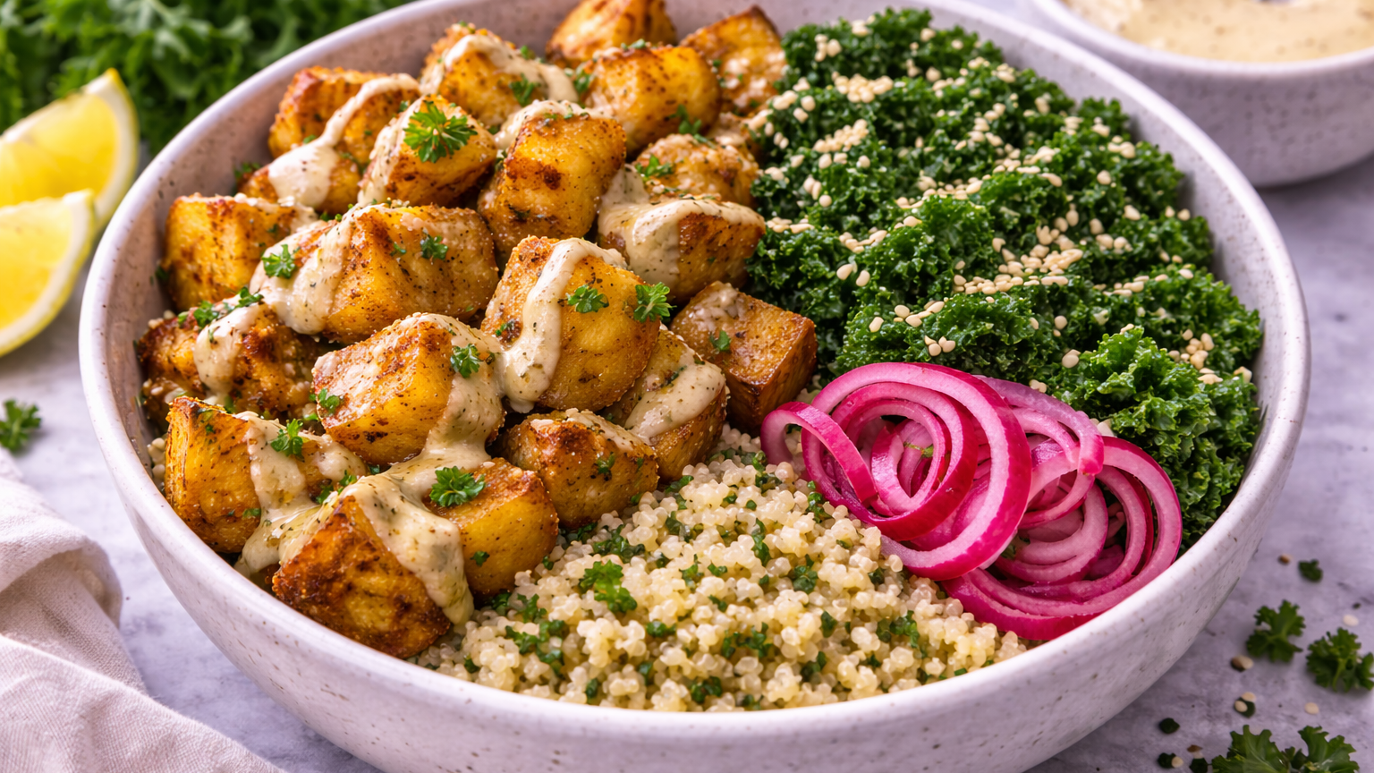 Spicy Potato Kale Bowls with Mustard Tahini Dressing