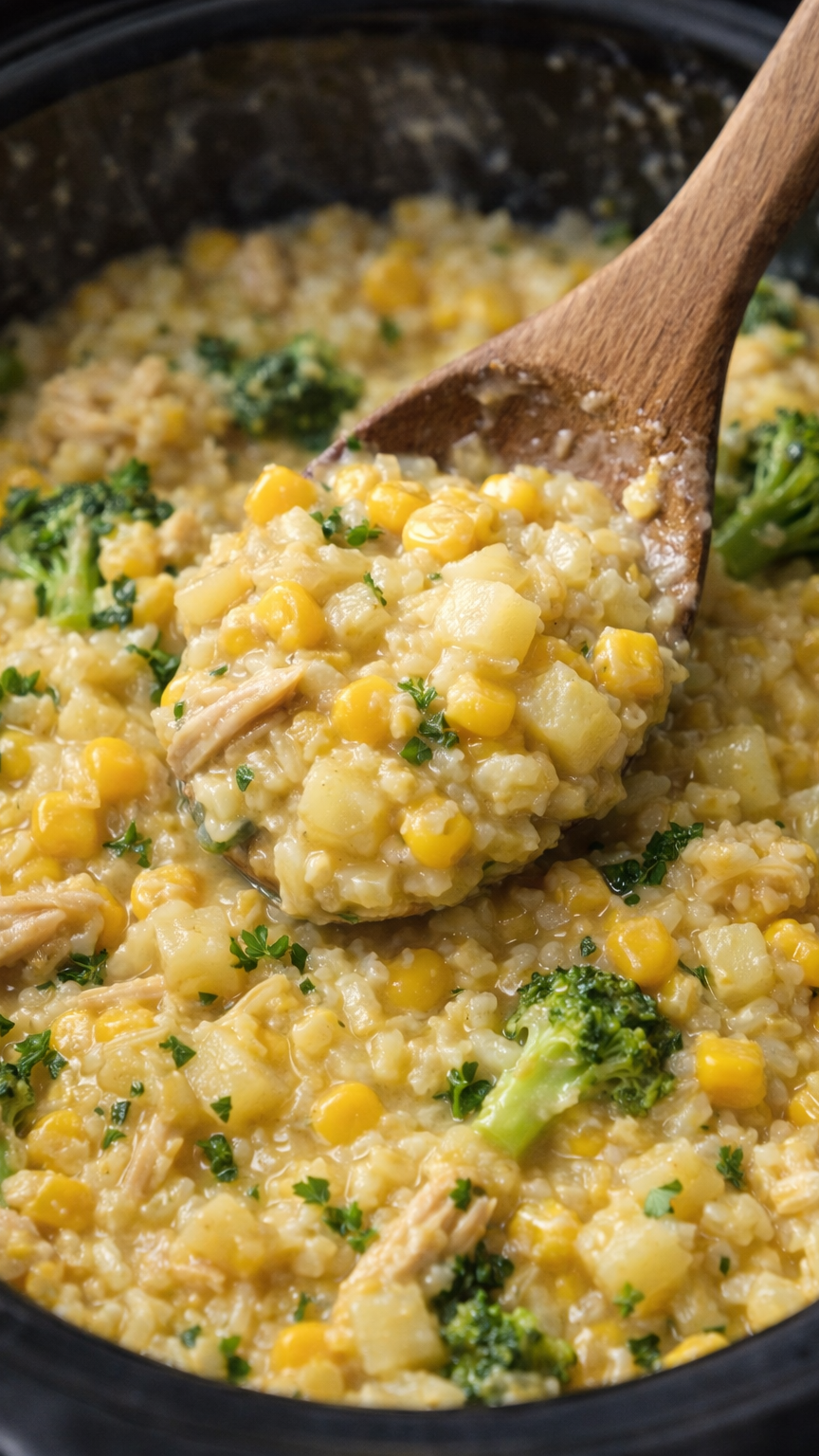 Easy Crockpot Cheesy Chicken Broccoli Rice (Vegan & Comforting)
