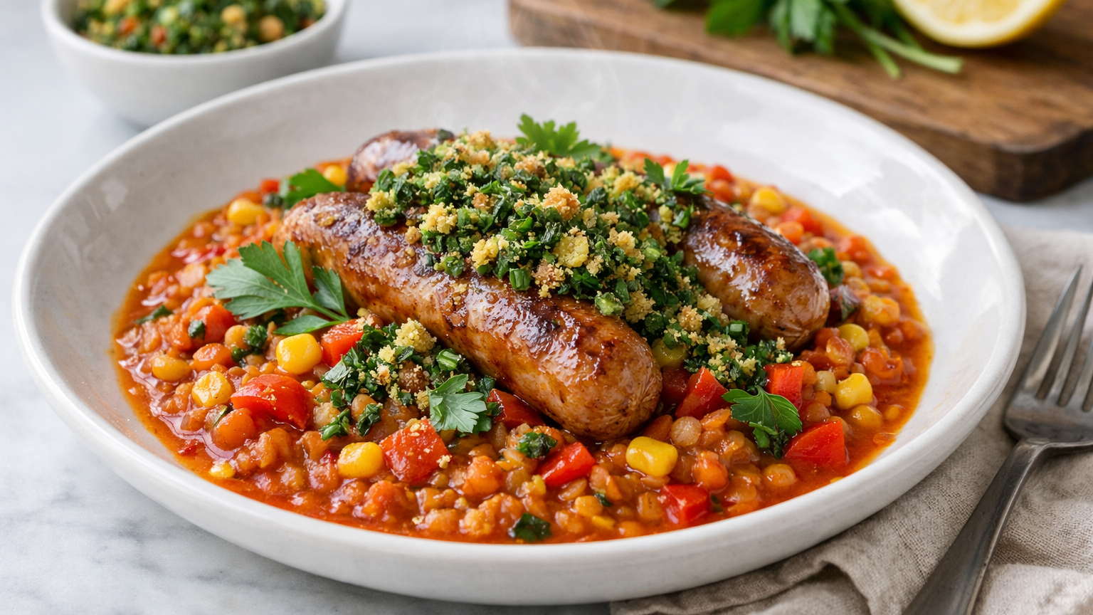Red Pepper Lentils, Sausages & a Salsa Verde Crumb